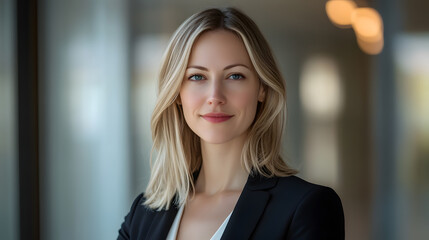 Fototapeta premium Professional executive headshot of confident businesswoman modern office space portrait photography bright environment eye-level perspective