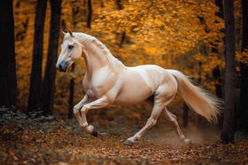 Obraz premium Elegant Cremello Stallion in Motion Through Autumn Forest, Showcasing Lean Frame and Striking Blue Eyes