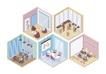 Coworking space 3d isometric rooms concept in isometry graphic design for web. People working in open offices, meeting at conference halls, workflow in departments, coffee break. Vector illustration.