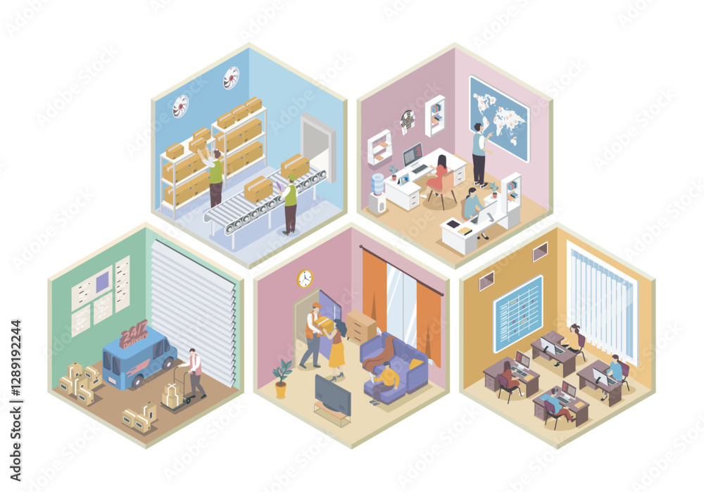Poster delivery company 3d isometric rooms concept in isometry graphic design for web. people working in lo
