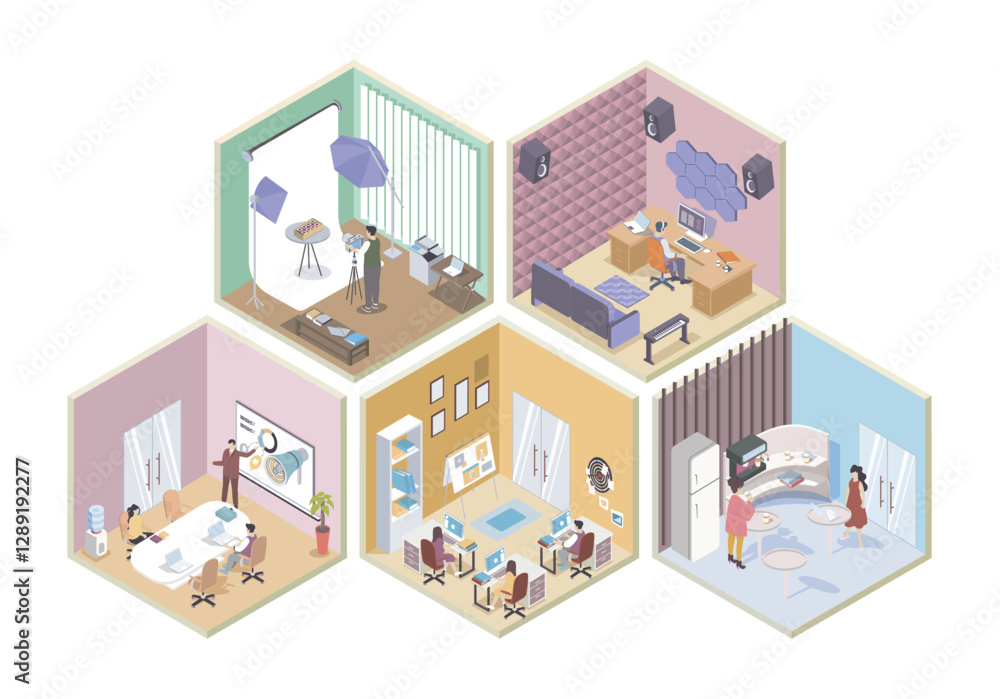 Aufkleber designer studio 3d isometric rooms concept in isometry graphic design for web. people doing branding