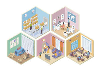 Delivery company 3d isometric rooms concept in isometry graphic design for web. People working in logistic company, managing courier shipping, loading parcel boxes in warehouse. Vector illustration.