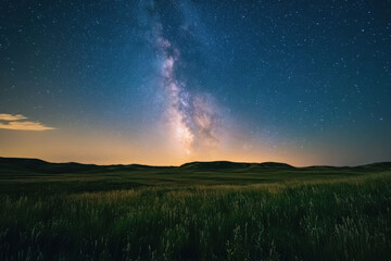 Fototapeta premium Milky way galaxy rising over grassland at twilight in badlands national park