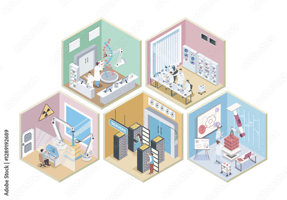 Aufkleber Laboratory 3d isometric rooms concept in isometry graphic design for web. People doing research in genetics, pharmaceutical and physics departments, using data center servers. Vector illustration.