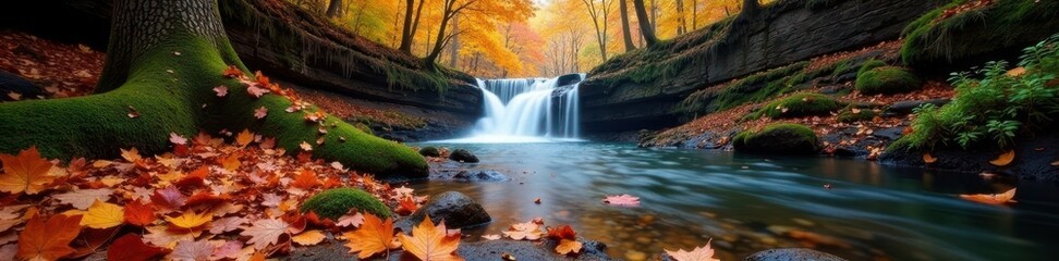 Obraz premium Forest floor with fallen leaves and waterfalls, autumn, waterfall
