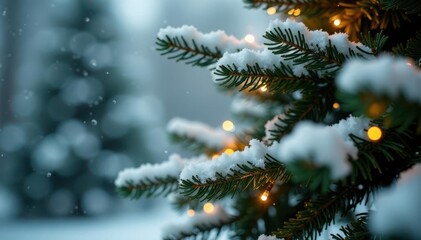 Delicate snowflakes gently fall onto the Christmas tree's branches, white, pure, clear