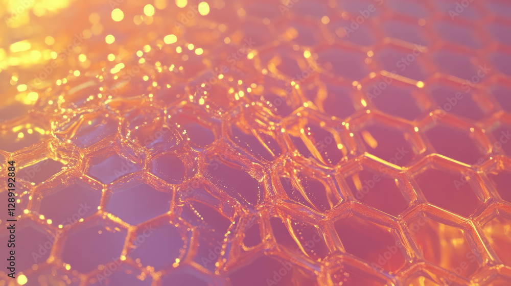 Poster Vibrant macro texture of honeycomb hexagonal patterns in golden light