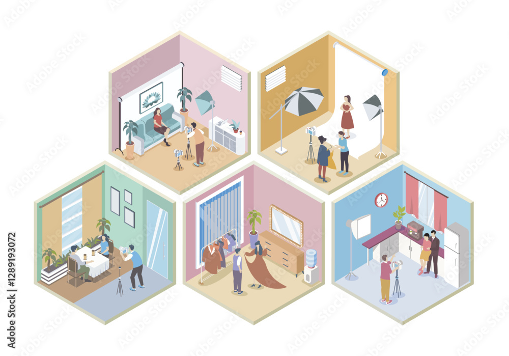Aufkleber photo studio 3d isometric rooms concept in isometry graphic design for web. people posing for gettin