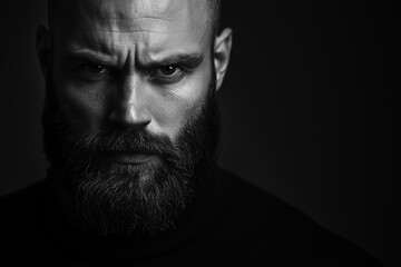 Dramatic black and white portrait of a bearded man in a turtleneck 