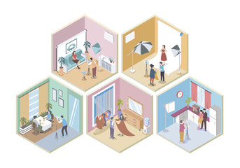 Photo studio 3d isometric rooms concept in isometry graphic design for web. People posing for getting picture at session, photographer shooting models or making family portrait. Vector illustration.