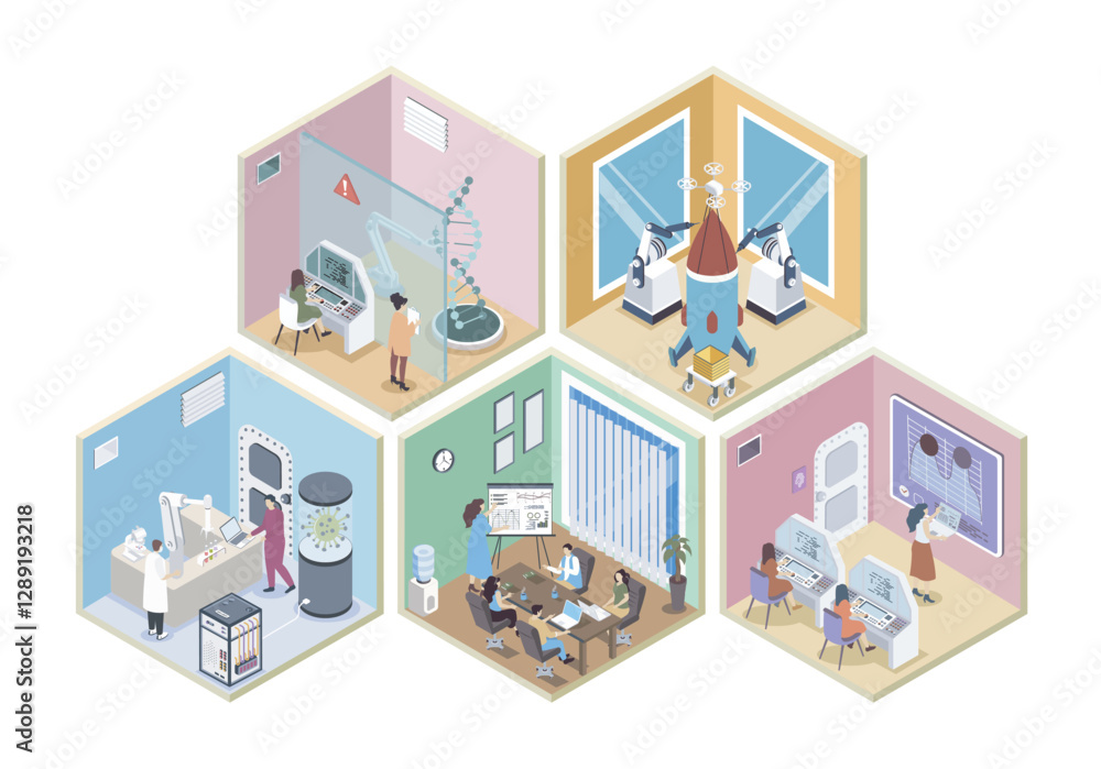 Aufkleber science center 3d isometric rooms concept in isometry graphic design for web. people work in differe