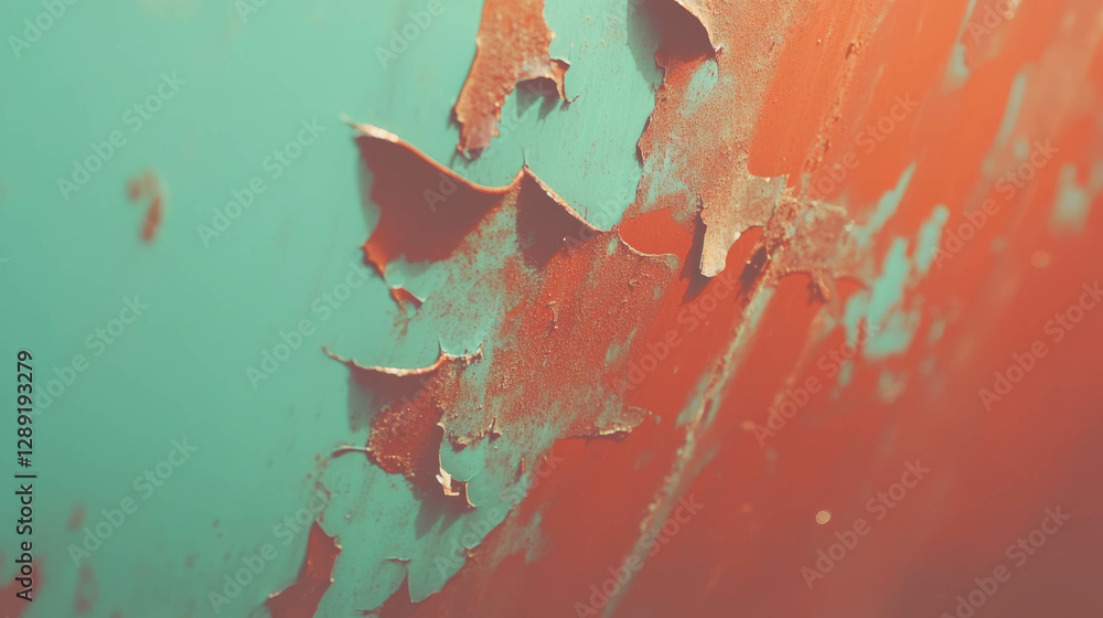 Poster macro view of rusty metal surface with peeling paint texture for industrial design