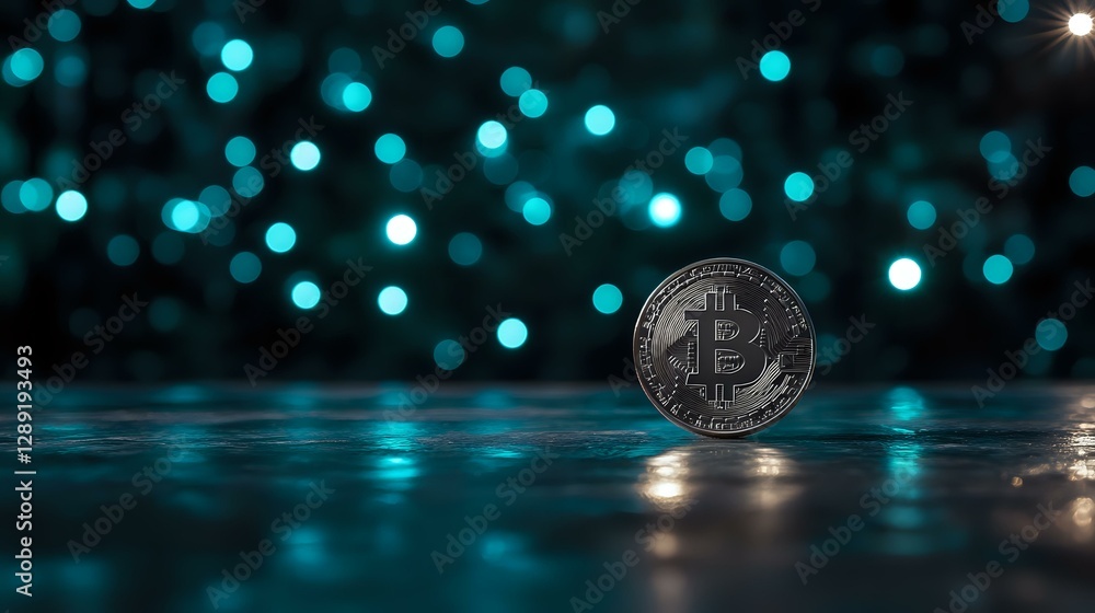 Aufkleber silver bitcoin coin on reflective surface with blurred turquoise bokeh lights creating magical atmos