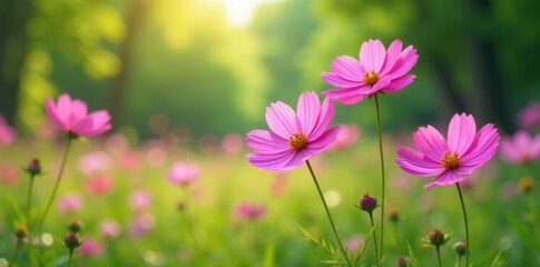 pink cosmos flowers swaying in the breeze amidst a lush green landscape, branches, serene