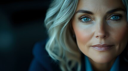 Confident mature blonde woman with blue eyes and gentle smile in professional attire against dark background, dramatic side lighting creates atmospheric portrait.