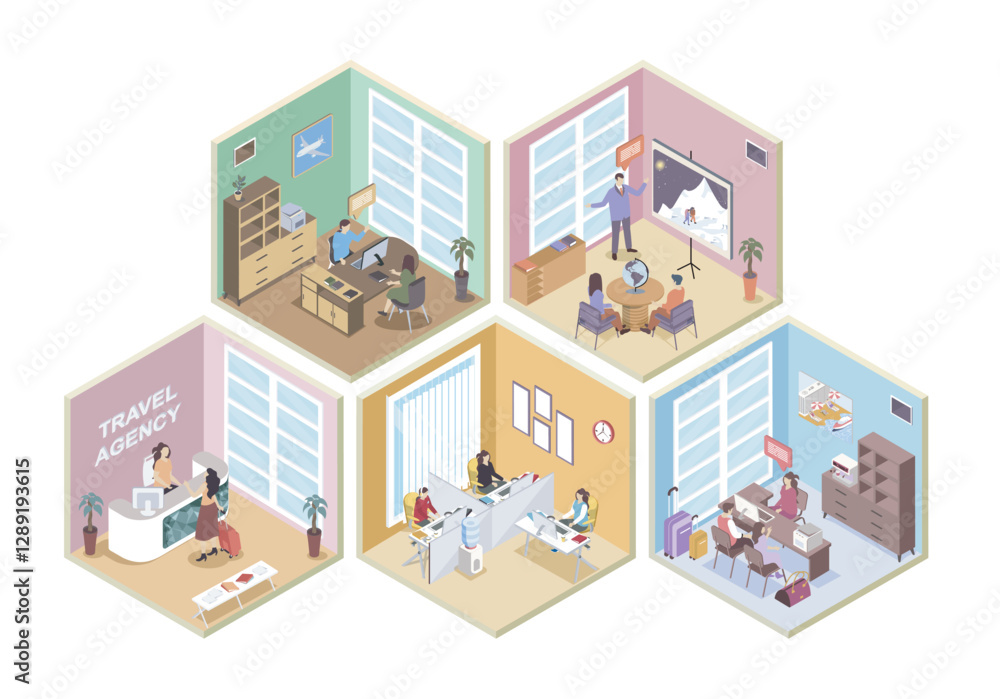 Aufkleber travel agency 3d isometric rooms concept in isometry graphic design for web. people waiting at recep