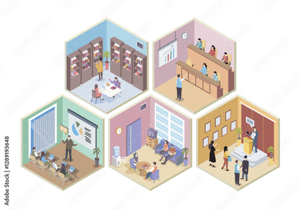 Aufkleber university 3d isometric rooms concept in isometry graphic design for web. people learning auditorium