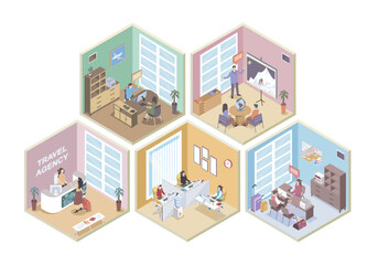 Travel agency 3d isometric rooms concept in isometry graphic design for web. People waiting at reception hall, travelling agents selecting resort tours for clients in offices. Vector illustration.