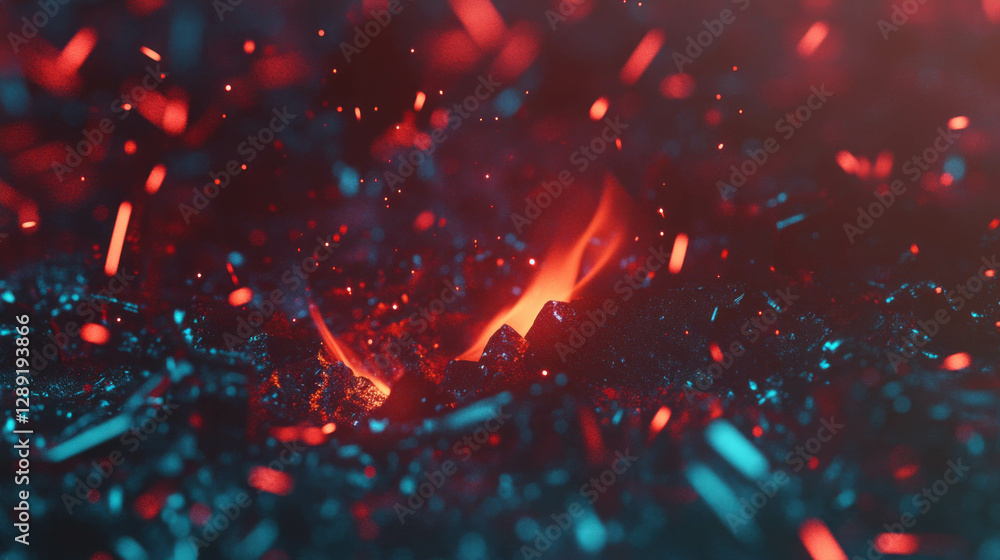 Poster Macro view of luminous fire sparks and glowing embers for abstract background design
