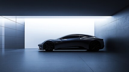 A car showroom showcasing an electric performance coupe. Featuring efficiency and power