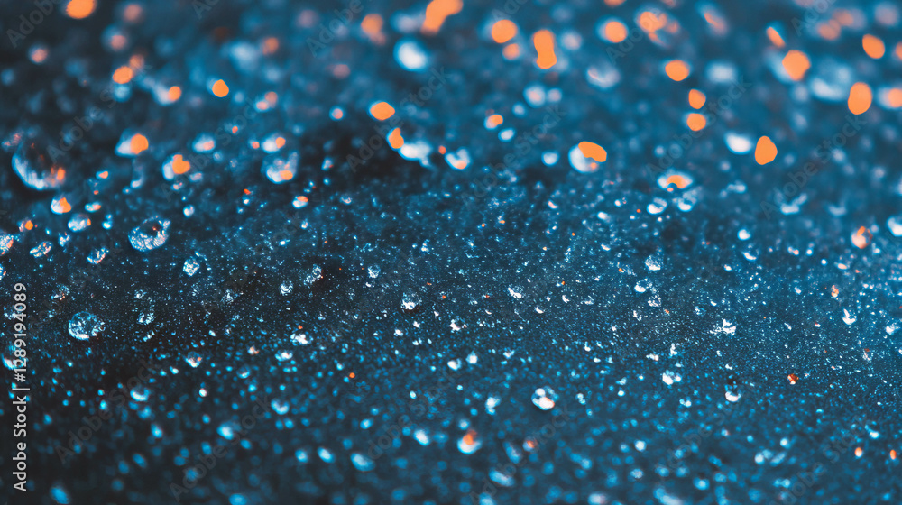 Aufkleber Macro view of frost patterns with ice crystals and water droplets in blue and orange light