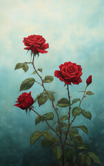 Elegant red roses against a soft blue background 