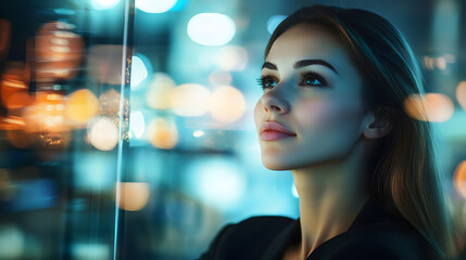 Modern businesswoman engaged in industry discussion at night urban environment professional insight