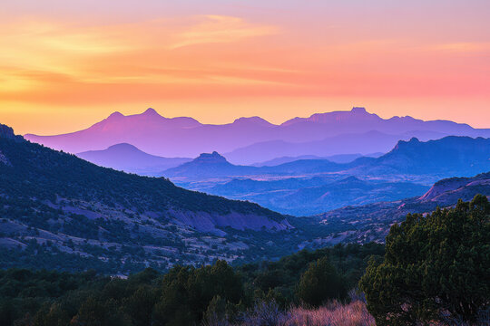 Colorful sunset illuminating the pedernal mountain range near abiquiu, new mexico