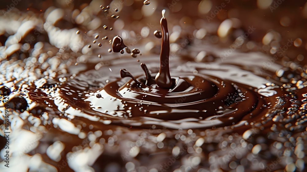 Aufkleber liquid chocolate drop splash creating ripple effect with droplets against dark brown background with