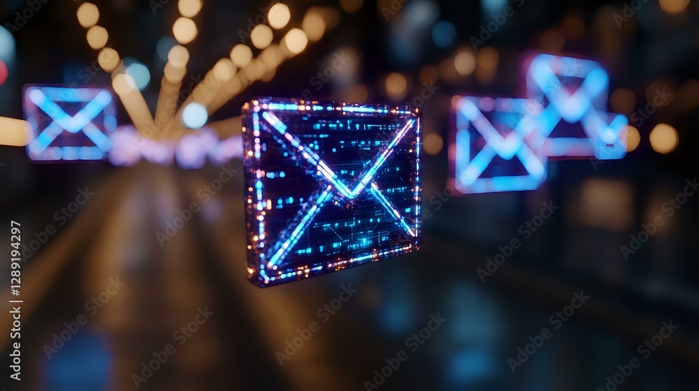 Poster glowing blue neon email envelope icons floating in dark space with bokeh light effects and motion bl