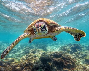 Fototapeta premium Honu: The Majestic Green Turtle of Hawaii Swimming Gracefully in Vibrant Underwater Scene