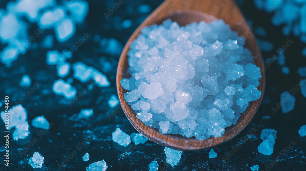 Poster macro view of salt crystals on dark surface for design and texture studies
