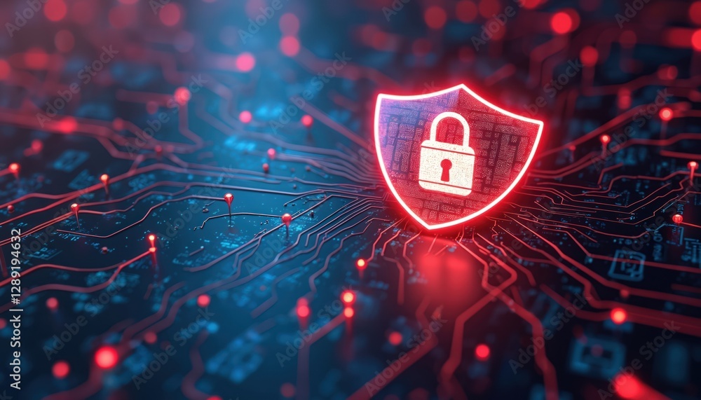 Poster electronic glowing red padlock shield over circuit board digital data protection, network security. 