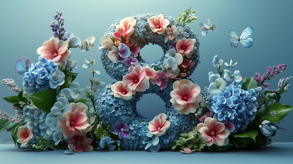 A breathtaking floral number 8, crafted from delicate blue hydrangeas and soft pink blooms, symbolizing March 8, femininity, and elegance