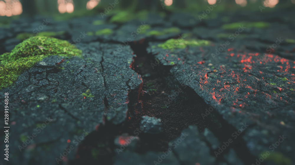Aufkleber close-up macro view of textured tree bark with deep cracks and mossy surface