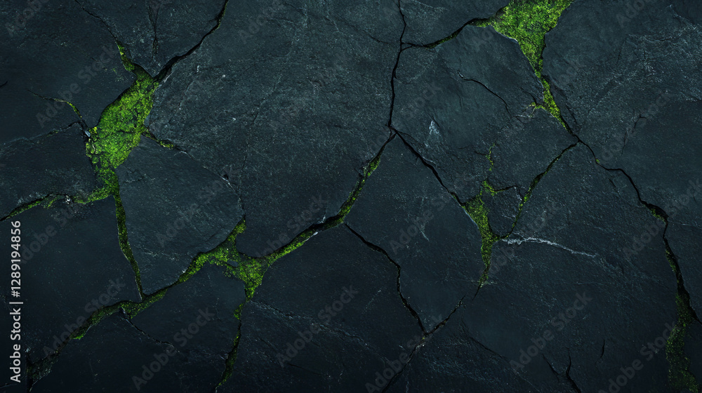 Poster Intricate macro view of tree bark texture with deep cracks and moss accents