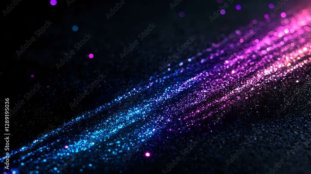 Poster diagonal streaks of glowing blue and purple particles on dark background create cosmic light effect 