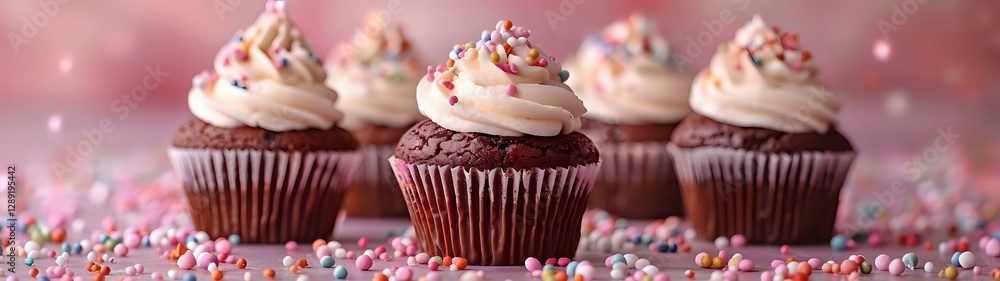 Aufkleber chocolate cupcakes with pink frosting and colorful sprinkles arranged in row on pink background with