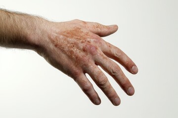 Fototapeta premium Eczema on Hands: Struggles of Many with Skin Issues Against a White Background