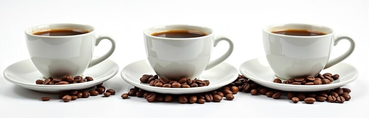 Obraz premium Three cups of coffee with coffee beans isolated on a transparent background. Hot drink in white mug on saucer with roasted aroma beans for cafes, breakfast menu, coffee shop or espresso drink concept.