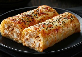 Delicious golden-brown chicken rolls with melted cheese and herbs placed on a dark plate, ideal for food photography and culinary inspiration.