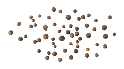 Dried whole allspice berries flying isolated on white background. Aromatic spicy ingredient for...