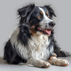 Image showcases a black and white sheepdog, with curious or attentive expression, sitting or lying down against a stark white background - AI-Generated