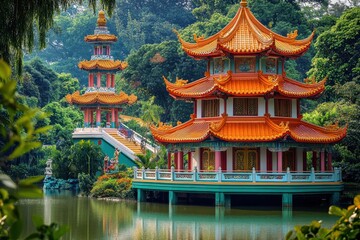 Fototapeta premium Haw Par Villa: A Serene Chinese Pagoda and Pavilion Reflecting Mythology by the Lake