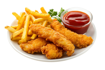 Crispy chicken tenders, golden fries, and ketchup.