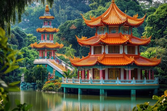 Haw Par Villa: A Serene Chinese Pagoda and Pavilion Reflecting Mythology by the Lake