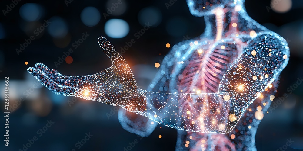 Poster glowing anatomical visualization showing human torso skeletal structure with luminous particle effec