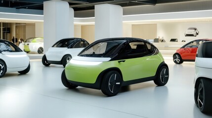 A car showroom showcasing eco-friendly electric city cars. Featuring compact design and sustainability