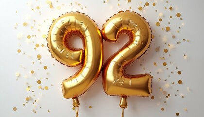 Golden number 92 balloon for birthday party happy anniversary celebration on white background with confetti. Balloons for 92th birthday 92th anniversary with festive decorations. Decorative design