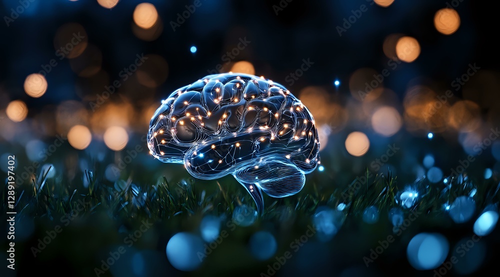 Aufkleber glowing crystal brain on grass with bokeh lights in background creates magical atmosphere for concep